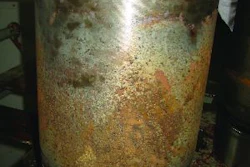This severely pitted cylinder liner is from a Caterpillar 3508 engine that ran a conventional coolant. The coolant was not maintained, and after only 5,000 hours the condition of the liner was very poor. This problem does not happen with a well-maintained coolant.