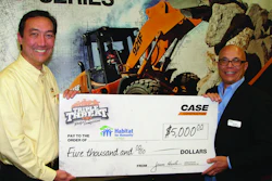 Ion Warner, Case director of North American marketing (left), delivers a check for $5,000 to Guy Amato, president and CEO at Habitat for Humanity Las Vegas. The check takes Case's aggregate donations to Habitat over $200,000, and Warner says the Triple Threat Rodeo should raise the total to more than $350,000.