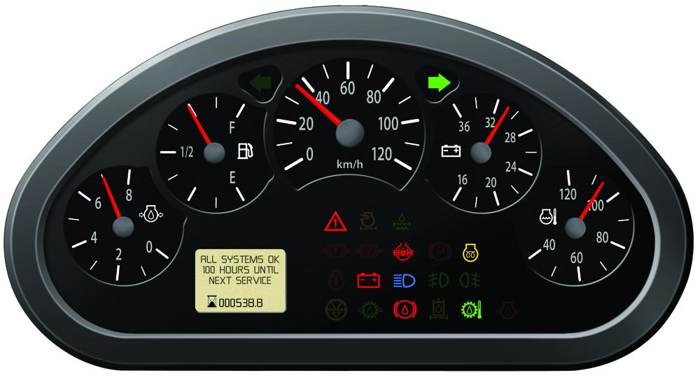 Four gauges including tachometer, speedometer, hourmeter and odometer
