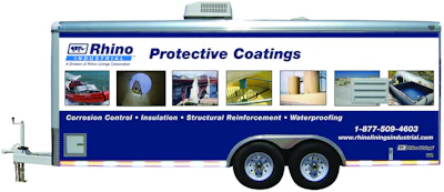 Turnkey mobile coating and/or foam application unit complete with proportioning equipment, heated hose, generator, air compressor and capacity for drum sets of Rhino material
