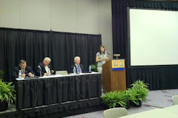 Dr. Heather Brown, right, speaks about the new concrete-focused MBA through CIM. Seated, from left to right: Mike Schneider, Senior VP at Baker Concrete and National Steering Committee member for CIM; Dean Jim Burton of the Jones College of Business at MTSU; and David Vickers, National Steering Committee member for CIM.