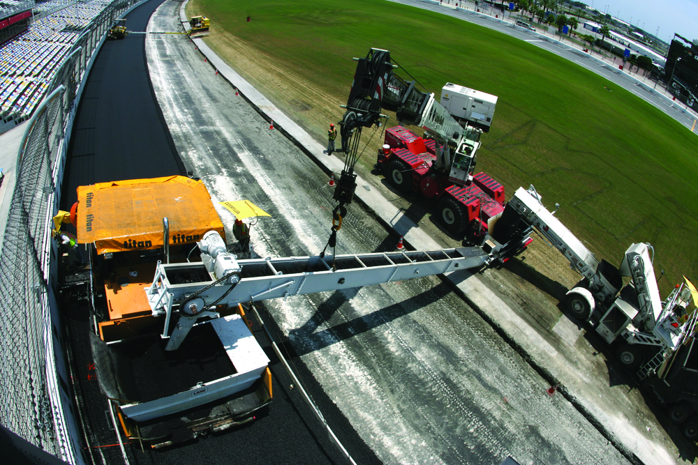 When completed, approximately 50,000 tons of mix produced at the track with a portable plant will be used to construct the new track, which must be completed by Jan. 1 to allow enough time for tire testing and preparations for the 2011 running of the Daytona 500 in February.