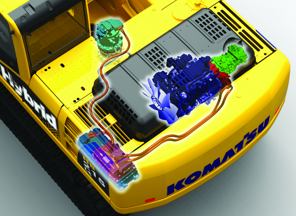 On the Komatsu HB215-1 excavator, energy in the capacitor (lower left) can be sent to either the swing motor or to the generator motor to help the engine accelerate as engine assist.