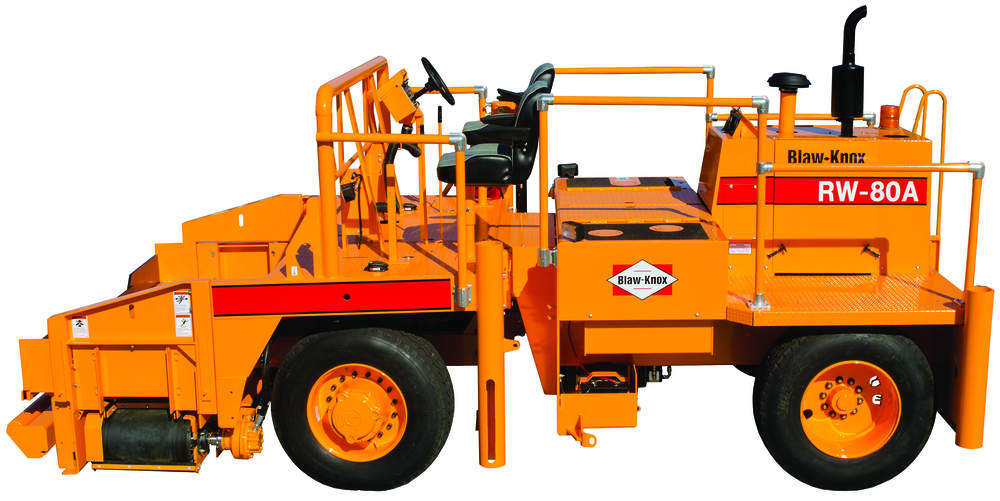 An 80-hp Cummins diesel powers the 10-ton, front-wheel-drive RW-80A road widener through a direct drive.
