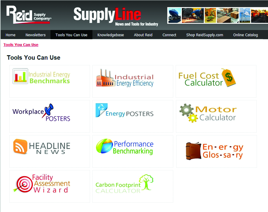 Additional tools include Industrial Energy Benchmarks, Performance Benchmarking, Facility Assessment Wizard, Fuel Cost Calculator, Motor Calculator and an Energy Glossary.
