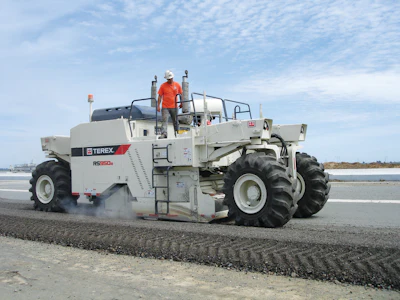 With its 950-hp diesel engine, the RS950B delivered a 40% production increase over the 600-hp machine when reclaiming 8 in. of military-grade asphalt and 3 in. of Macadam at Travis Air Force Base. (photo courtesy: Herrmann Equipment)