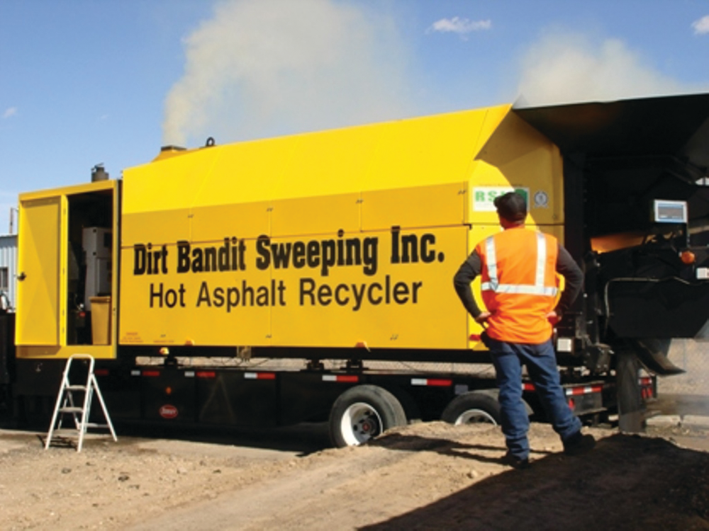 Dirt Bandit Sweeping can produce 100 tons of recycled asphalt pavement a day using its mobile asphalt recycling plant.