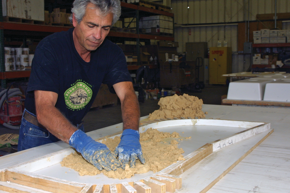 Buddy Rhodes, owner of Buddy Rhodes Concrete Products, achieves the Pressed Surface look in this precast application.