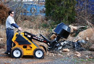The Boxer 427W compact utility loader with cement bowl attachment allows a contractor to mix up to 200 pounds of concrete and drive it where it needs to go. At 36 inches wide, this compact utility loader can access many areas a larger machine cannot.