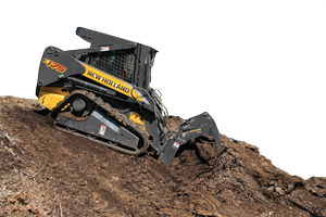 Features such as single-flange front and rear idlers and crawler-style rollers on New Holland compact track loaders help to prevent detracking on inclines.
