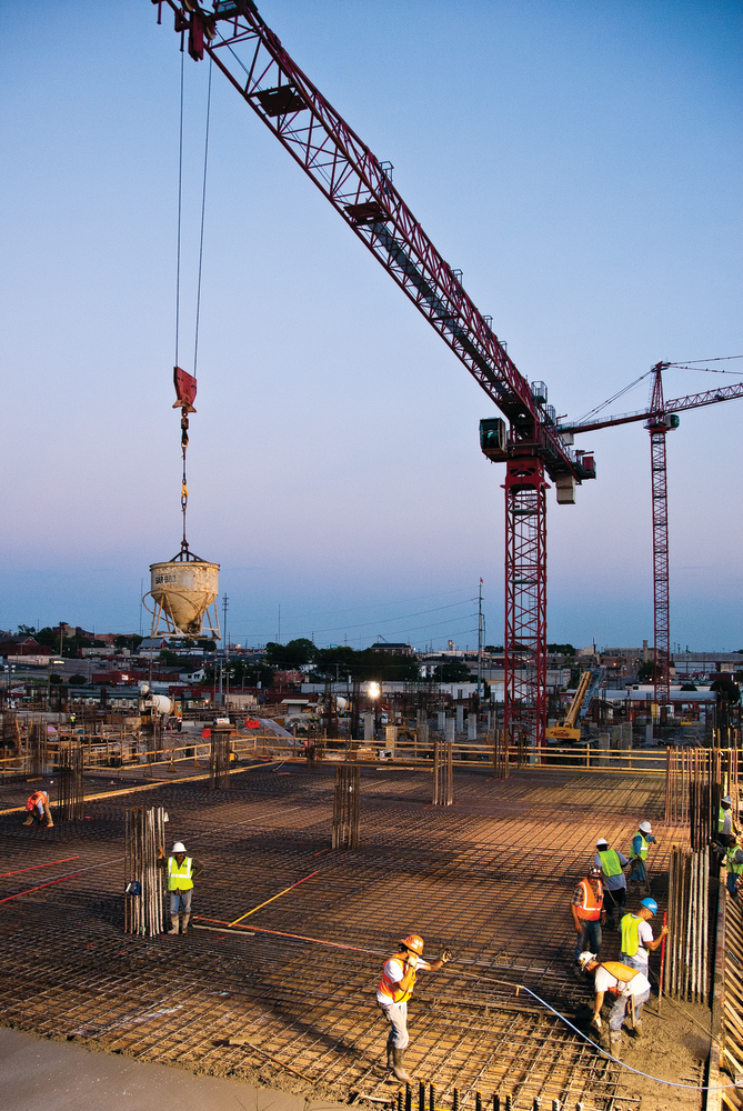 A Ceco Construction crew places the first of 47 supported garage slab pours at Nashville’s Music City Center. Each pour averaged just under 10,000 square feet and contained around 300 cubic yards of concrete.