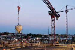 A Ceco Construction crew places the first of 47 supported garage slab pours at Nashville’s Music City Center. Each pour averaged just under 10,000 square feet and contained around 300 cubic yards of concrete.