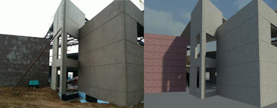 A digital mockup created with BIM software compared with the actual construction of the modeled building element.