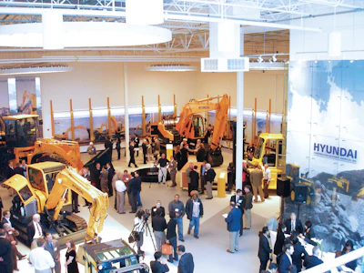 Lobby/showroom of Hyundai Construction Equipment Americas in Norcross, Ga. HCEA relocated from Chicagoland to improve access to markets in the Western Hemisphere and more than triple parts warehouse space to keep pace with the region's sales growth.