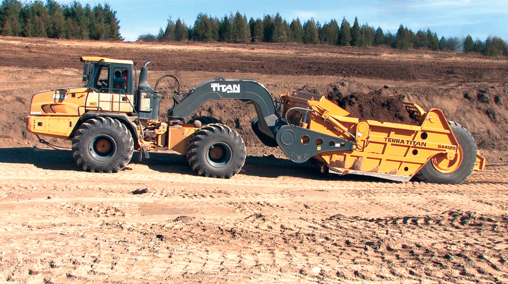 The S4412B scraper system integrates a 44-cu.-yd. bowl with a customized Bell 4206D scraper tractor.