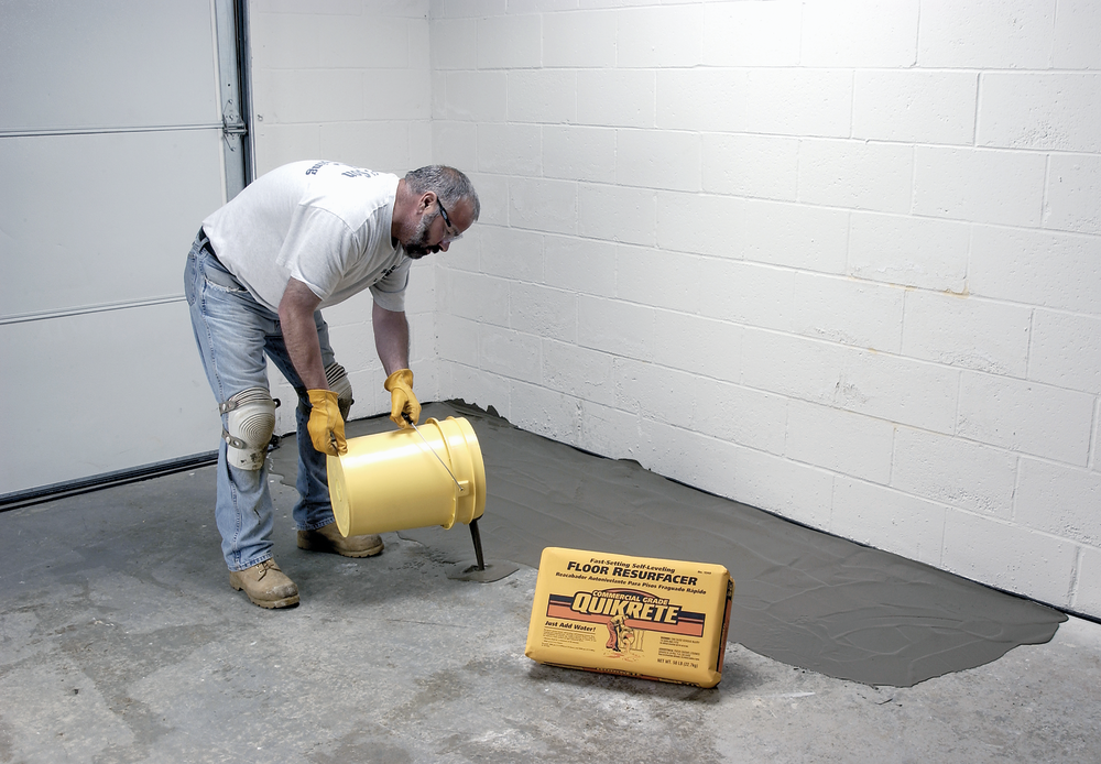 Self-leveling resurfacer can repair uneven or worn interior floors.