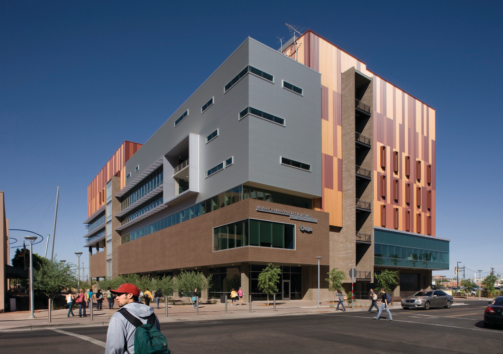 The Walter Cronkite School of Journalism at Arizona State University is a 223,000-square-foot, six-story, multi-level facility that is home to offices, retail space, restaurants, 17 media-equipped classrooms, seven computer labs, and seven professional newsrooms.