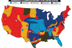 Map of the U.S. featuring general hardness of the aggregate in that geographical location. Areas in red (California, Arizona, etc.) are granite, slate, traprock, basalt and quartzite. Areas in brown (Louisiana, Mississippi, etc.) are hard chert, quartz, flint rock and hard river rock. Areas in dark blue (Wisconsin, Indiana, etc.) are pit gravel, limestone and dolomite. Areas in light blue (Kansas, Missouri, etc.) are soft limestone, sandstone, dolomite limestone, siliceous and soft shell. Areas in yellow (New Mexico, Colorado, etc.) are medium hard river gravel, medium traprock, decomposed granite and medium crushed gravel.