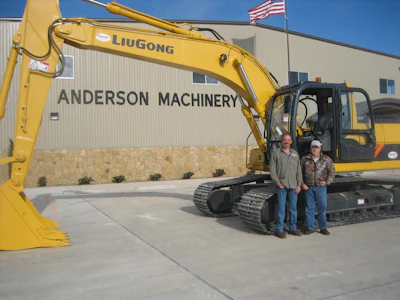 Brett Morgan, left, and Stan Parry of Anderson Machinery went on a nationwide search for a LiuGong excavator with a longer stick and wider bucket to solve a problem for its clients.