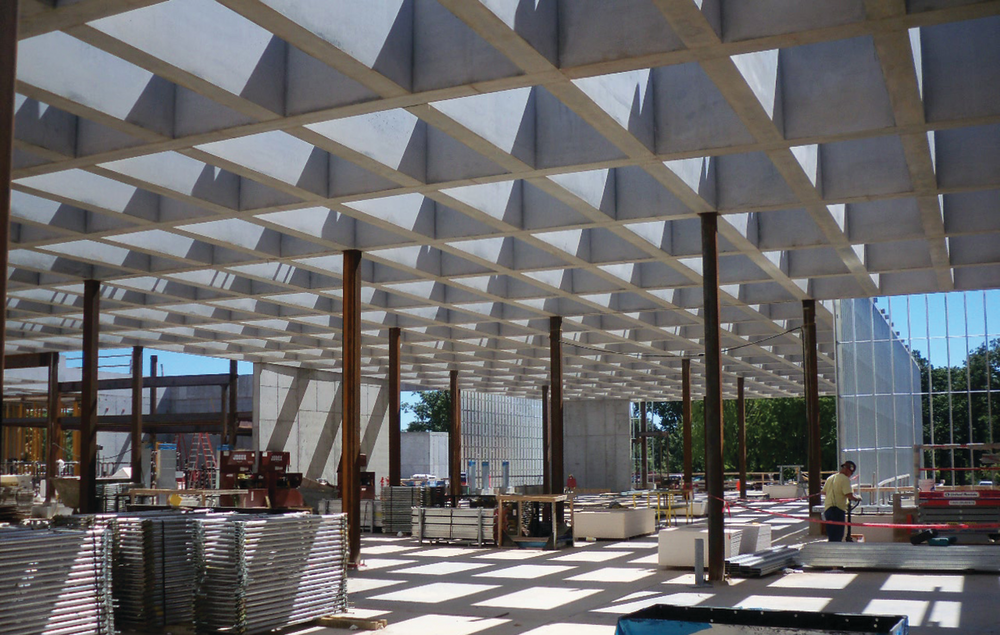 The concrete coffered ceiling at the St. Louis Art Museum was formed with more than 1,600 cubic yards of concrete poured in place to form a 48-inch-tall framework with 698 rectangular openings that let in light from above.