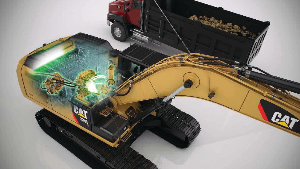 Instead of losing the kinetic energy when braking the upper structure, Caterpillar's 336E H hybrid excavator captures that energy in accumulators and re-uses it during swing acceleration.