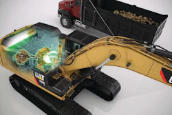 Instead of losing the kinetic energy when braking the upper structure, Caterpillar's 336E H hybrid excavator captures that energy in accumulators and re-uses it during swing acceleration.