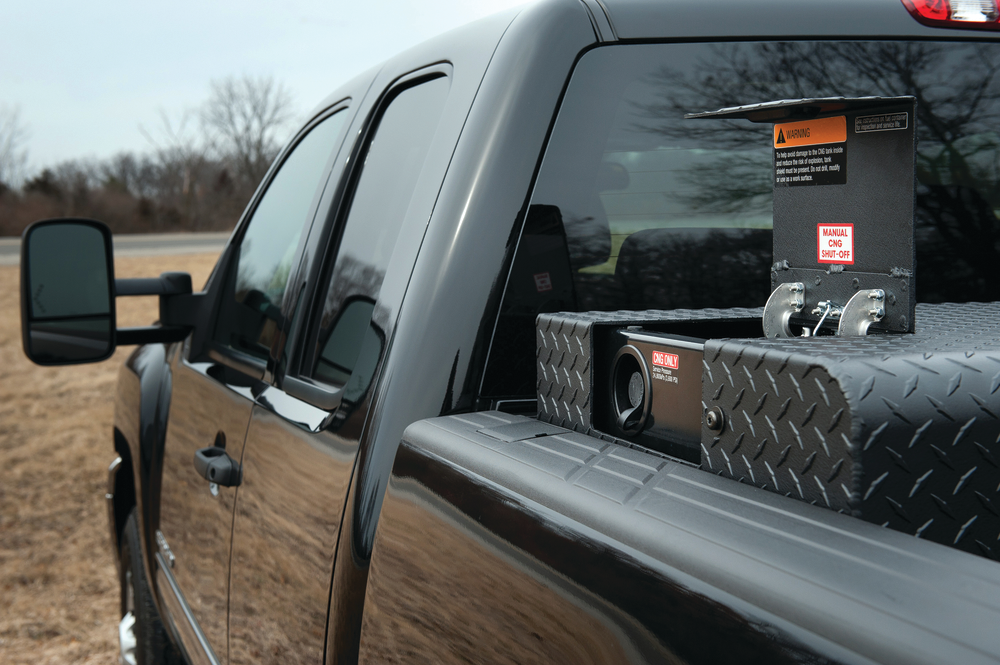 The 2013 bi-fuel Chevrolet Silverado and GMC Sierra offer an option to carry 17 gallons of compressed natural gas (CNG) in addition to 36 gallons of gasoline.