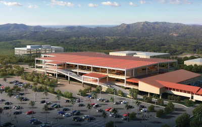 Rendering of the 520,000-square-foot Bob Hope Airport Regional Intermodal Transportation Center structure on the left, the customer service building and a portion of the 1,100 foot-long moving elevated walkway on the right.