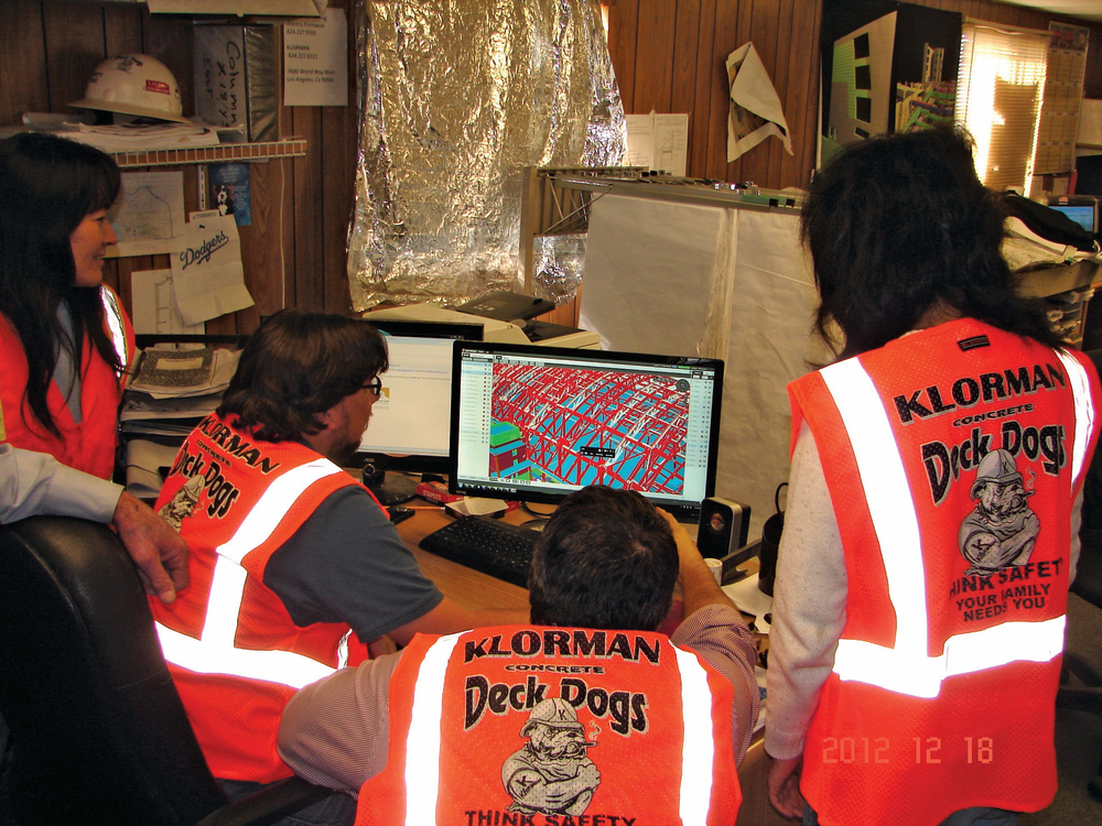 Klorman's on-site team at their LAX Tom Bradley International Terminal (TBIT) project is reviewing a confederated BIM using Tekla BIMsight. The staff from left to right are: Tonia Wong (Project Engineer), Gerald Glass (Quality Control Manager), Mark Fechtelkotter (Project Manager) and Olivia Uyehara (Project Engineer).