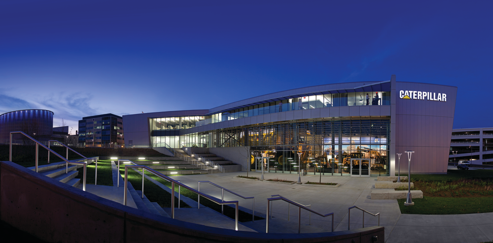 The Caterpillar Visitor Center is located on the Illinois River riverfront in downtown Peoria, Ill. It is a three-story, 48,000-square-foot building designed to tell the story of the world’s largest manufacturer of construction and mining equipment.