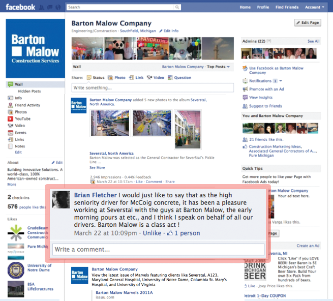 Barton Malow received positive feedback from Facebook followers in response to its social media efforts to promote a recent project.