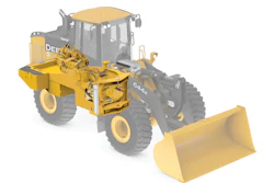 The electric motor on the 644K drives a simplified three-speed transmission, but the system has four operating speed ranges in forward and reverse. Reverse gears are not needed.