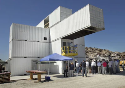 A large portion of the Chip Energy building was already in place to demonstrate the project's unique construction method of using shipping containers for the primary structure.
