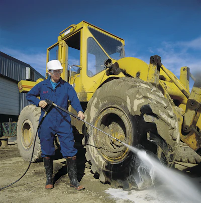Utilizing a high volume, medium pressure, portable cold water washer for a few minutes of cleaning will rinse clogged radiators and oil coolers, free crawler tracks and clear air intakes.