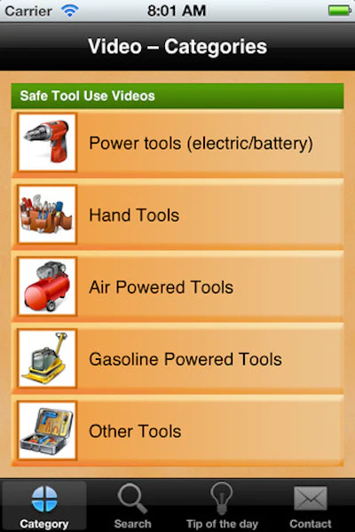 With the iConstructSafe mobile app, the user can select from a menu of options and watch safety videos and tips on a specific type of tool.