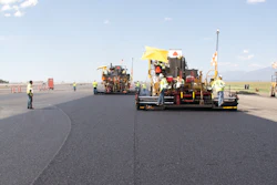 The specifications at Salt Lake City International Airport required paving to an elevation. Granite Construction used echelon paving to minimize the number of cold joints.