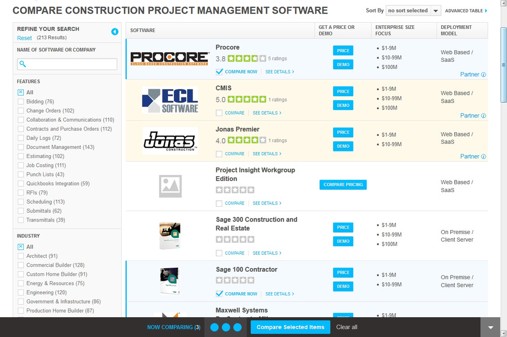 Contractors can use this online tool to compare price, features and deployment model for hundreds of construction project management software products.