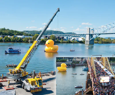 ALL Crane Rental of Pennsylvania, LLC used a Grove TMS9000 to set a 40-ft. rubber duck afloat on the Allegheny River in Pittsburgh. The globe-hopping duck is the vision of artist Florentijn Hofman.