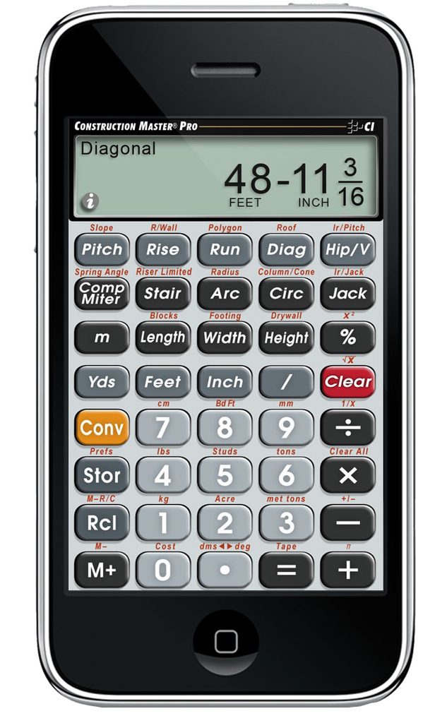 The Construction Master Pro app calculator can do dimensional math and conversions, right angle solutions, and area and volume solutions.
