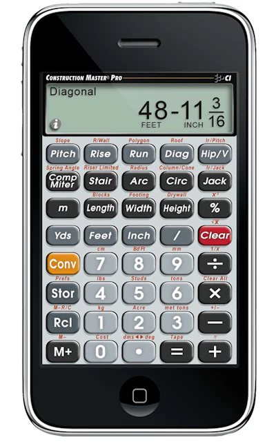 The Construction Master Pro app calculator can do dimensional math and conversions, right angle solutions, and area and volume solutions.