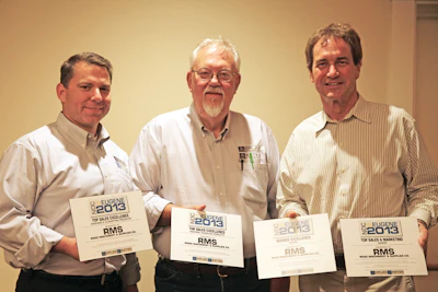 From left to right: KPI-JCI and Astec Mobile Screens Sales Director Ron Earl and Regional Sales Manager Greg Graham with Dave Johnson of Road Machinery and Supplies (RMS). RMS was one of nine dealers that received funds from the company to donate to the charity of its choice.