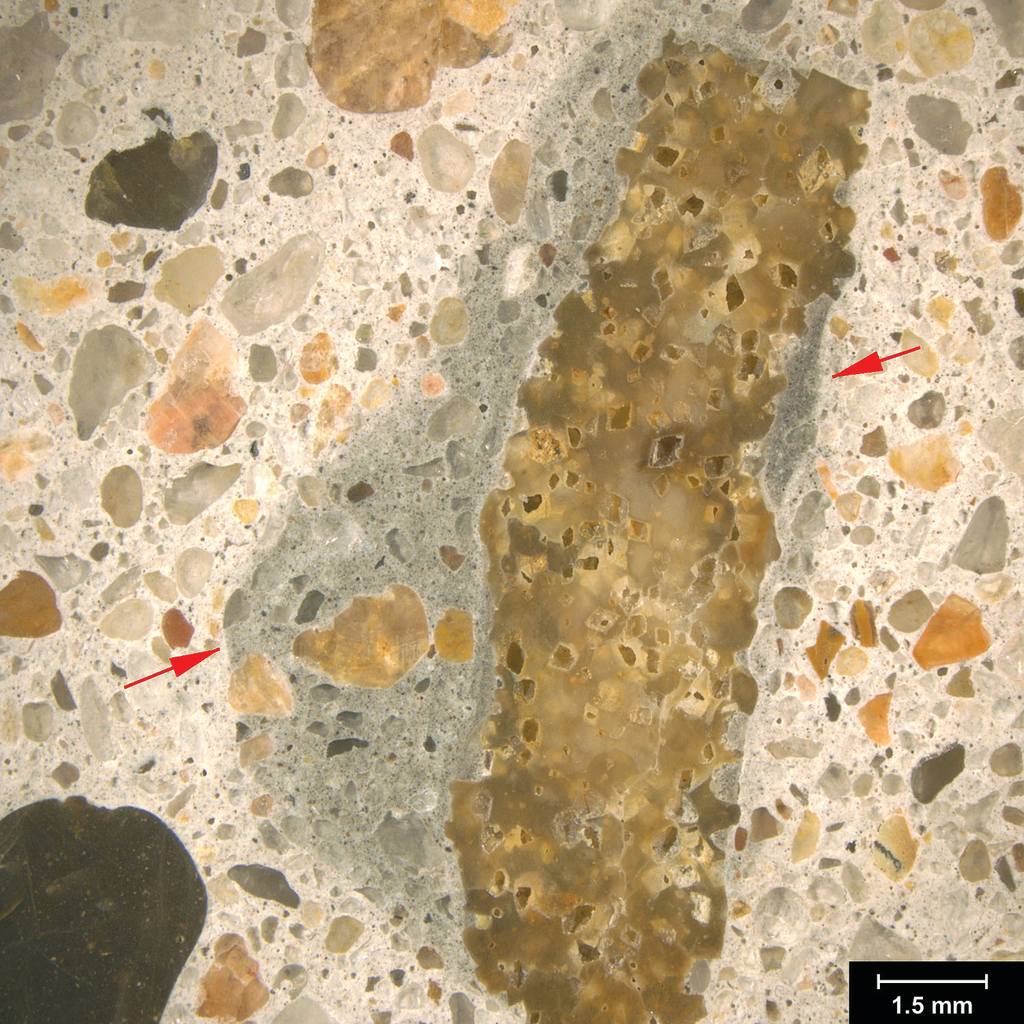 Figure 1. Stereomicroscope image. Reflected light photomicrograph of the polished surface of a concrete core. The image was taken at 10x magnification. The red arrows highlight mortar with darker color than surrounding concrete matrix. Features such as these often form when concrete is retempered.