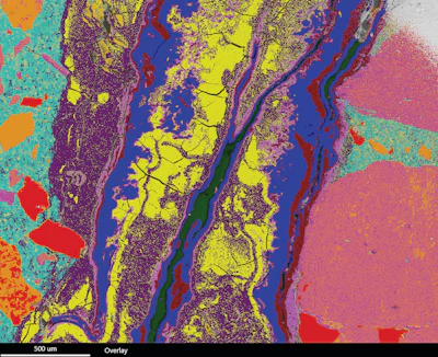 Figure 4. Energy-dispersive x-ray spectrometer (EDS) map of concrete with a combination of sea water attack and alkali-silica reaction (ASR). The different colors represent different phases or compounds with distinct chemical compositions. The purple and yellow areas are ASR gel. The blue areas represent brucite (magnesium hydroxide) and the red/brown areas represent hydrotalcite (magnesium silicate hydroxide), which are produced from sea water attack.