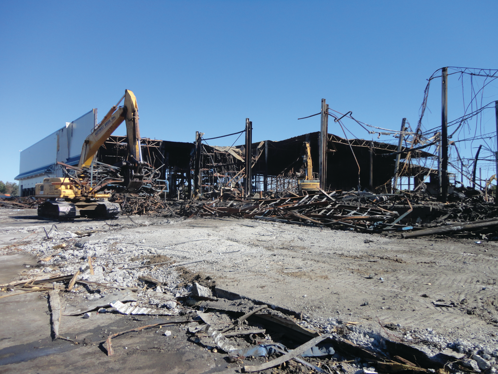 Geppert Bros. assisted firefighters over Labor Day weekend 2013 when a blaze destroyed a 300,000-sq.-ft. food-distribution warehouse outside Philadelphia. The demolition contractor hauled away 300 truckloads of spoiled food and debris in the weeks that followed.