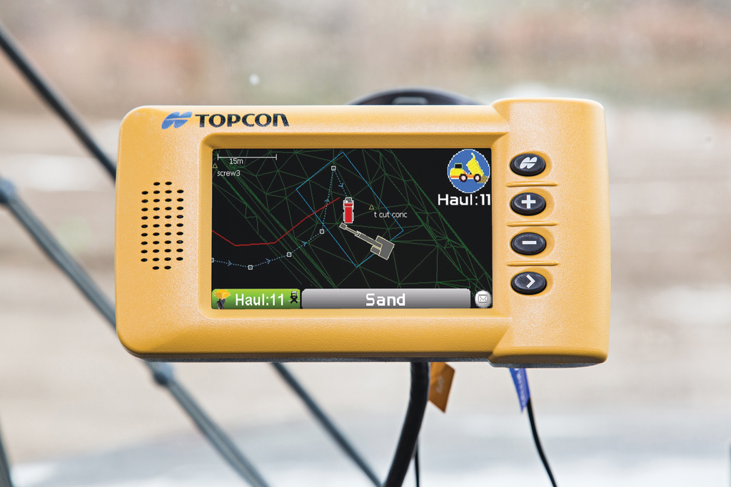 The HT-30 haul truck system features a small, portable GPS-enabled control box that mounts into the truck cab. As the truck is loaded, data about the load is input, such as material type, driver, and quantity.