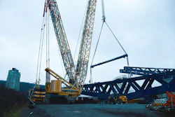 To lift the 14 loads, Steil's team erected the Superlift 3800 crawler crane in a SSL1 configuration with a 236-foot main boom, 551,155 pounds of counterweight on the superstructure, 110,231 pounds of central ballast, and 440,924 pounds of counterweight on the superlift tray.