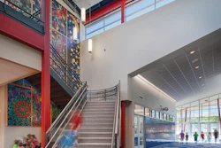A mosaic mural leading up the stairs is one of the first design elements that grace the entrance to the Prospect Elementary school. The kids helped create the mural.