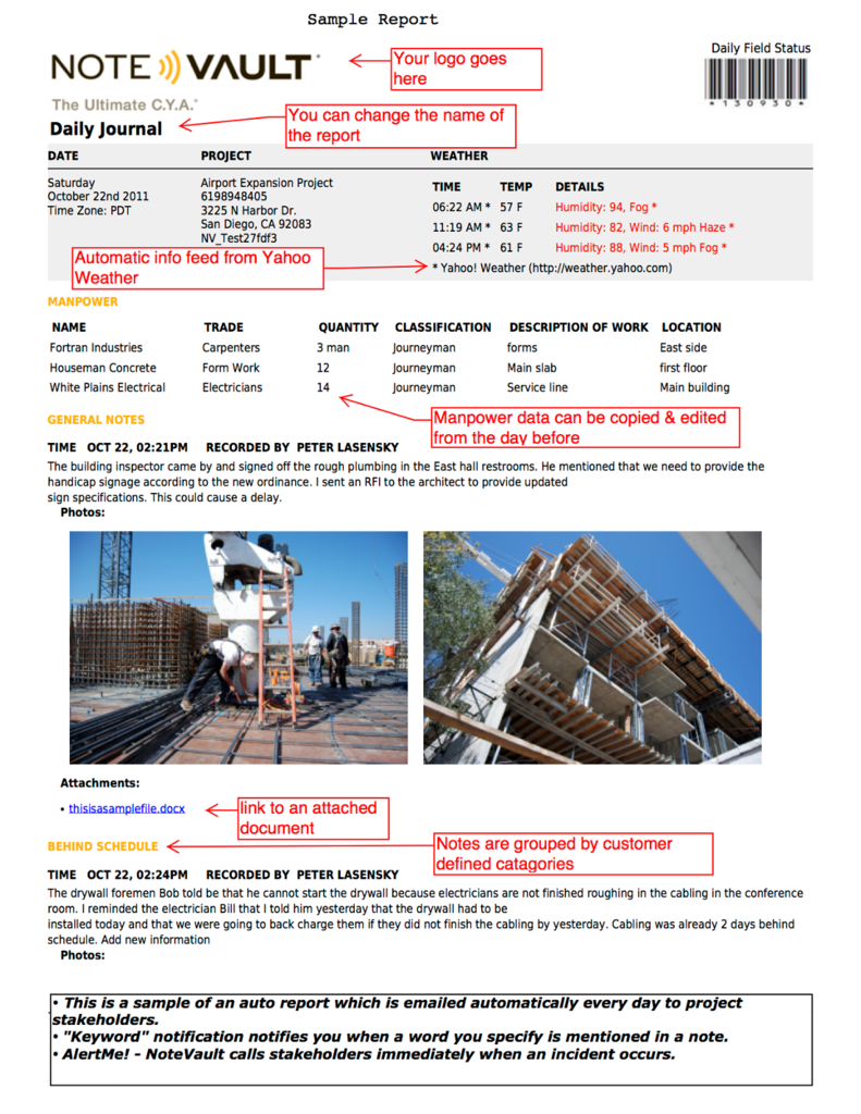 Each note is transcribed and automatically emailed the next day in text as a PDF Daily Report to project stakeholders.
