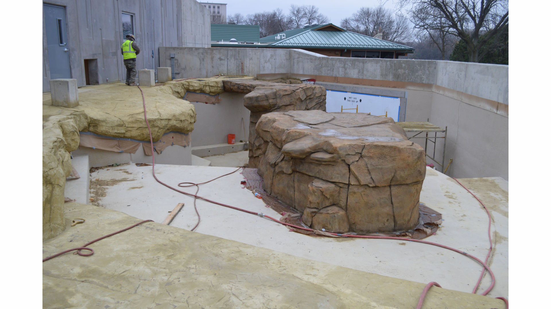 A 175,000 gallon tank for the seals is part of the new exhibit at the Henry Villas Zoo. Contractors used No. 3 rebar and wire mesh to create the structures. The Nassal Company has been subcontracted to perform the theming work.