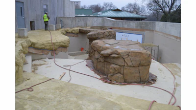 A 175,000 gallon tank for the seals is part of the new exhibit at the Henry Villas Zoo. Contractors used No. 3 rebar and wire mesh to create the structures. The Nassal Company has been subcontracted to perform the theming work.